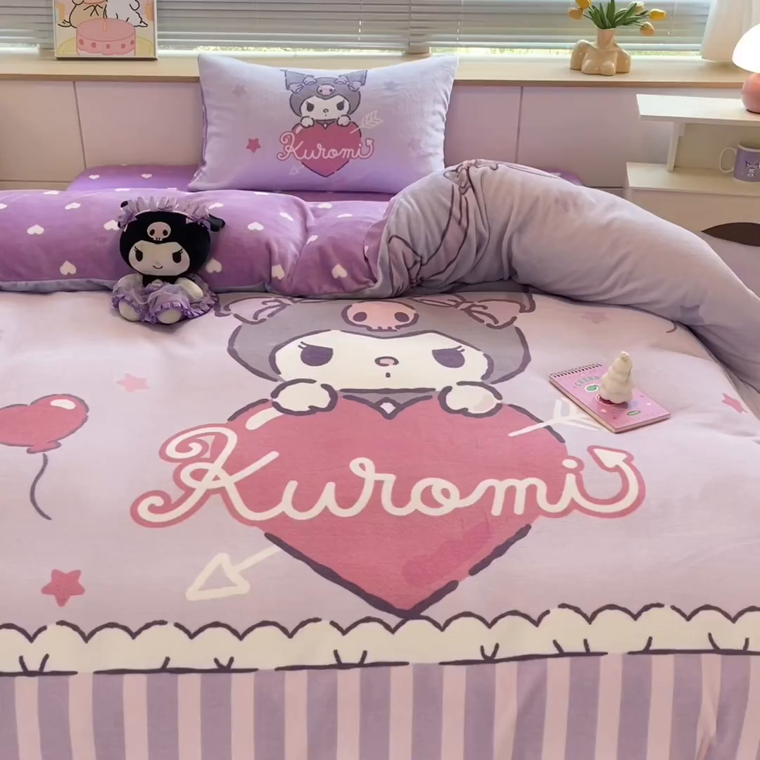 91家纺网 家纺一手货源 找家纺 博雅 2025新款三丽鸥正版授权高克重大版牛奶绒四件套 牛奶绒大版-甜心库洛米