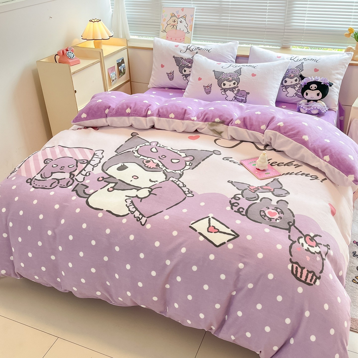 91家纺网 家纺一手货源 找家纺 博雅 2025新款三丽鸥正版授权高克重大版牛奶绒四件套 牛奶绒大版-晚安库洛米