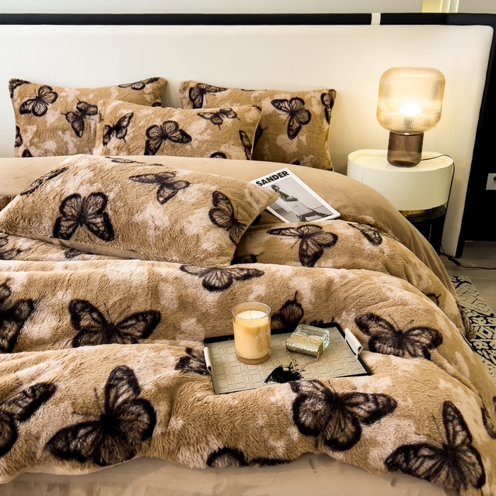 91家纺网 家纺一手货源 找家纺 倾慕家纺 2026新款高克重兔毛绒保暖四件套 蝴蝶纷飞