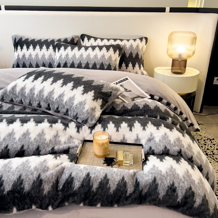 91家纺网 家纺一手货源 找家纺 倾慕家纺 2026新款高克重兔毛绒保暖四件套 泥点曲线灰