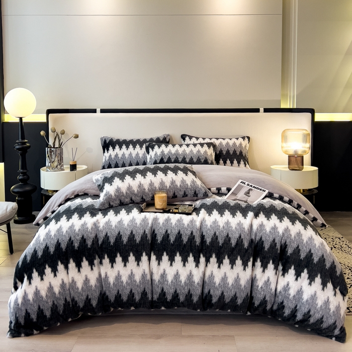 倾慕家纺 2026新款高克重兔毛绒保暖四件套 泥点曲线灰