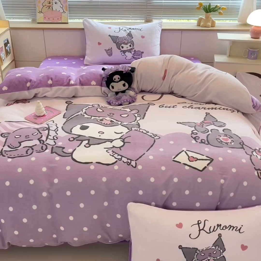 91家纺网 家纺一手货源 找家纺 博雅 2025新款三丽鸥正版授权高克重大版牛奶绒四件套 牛奶绒大版-晚安库洛米