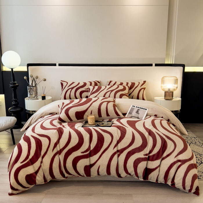 91家纺网 家纺一手货源 找家纺 倾慕家纺 2026新款高克重兔毛绒保暖单被套 斑马纹红