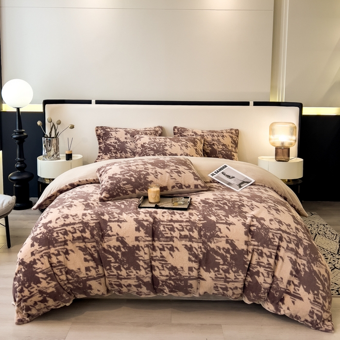 倾慕家纺 2026新款高克重兔毛绒保暖四件套 千鸟咖