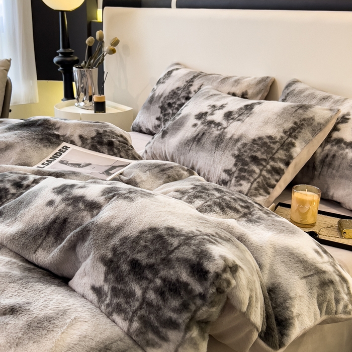 91家纺网 家纺一手货源 找家纺 倾慕家纺 2026新款高克重兔毛绒保暖四件套 疏影灰