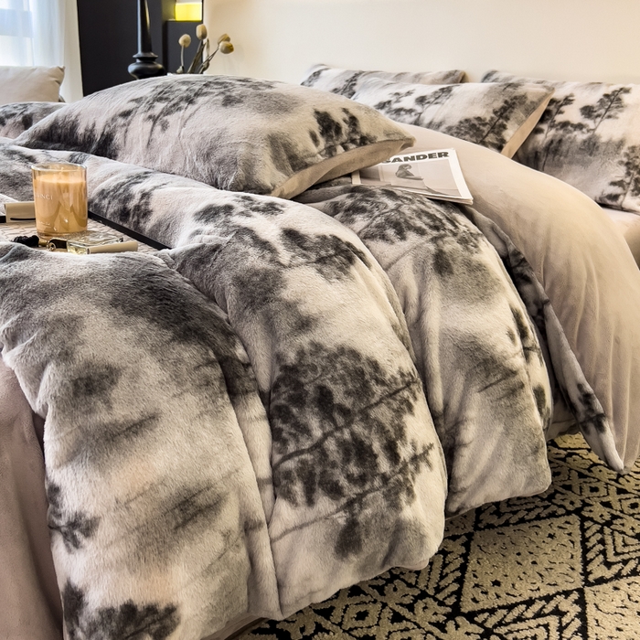 91家纺网 家纺一手货源 找家纺 倾慕家纺 2026新款高克重兔毛绒保暖四件套 疏影灰