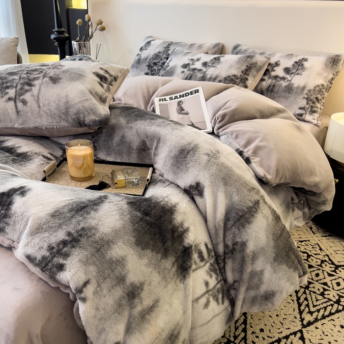 91家纺网 家纺一手货源 找家纺 倾慕家纺 2026新款高克重兔毛绒保暖四件套 疏影灰