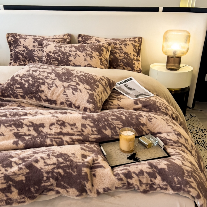 91家纺网 家纺一手货源 找家纺 倾慕家纺 2026新款高克重兔毛绒保暖四件套 千鸟咖