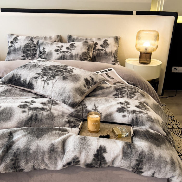 91家纺网 家纺一手货源 找家纺 倾慕家纺 2026新款高克重兔毛绒保暖四件套 疏影灰