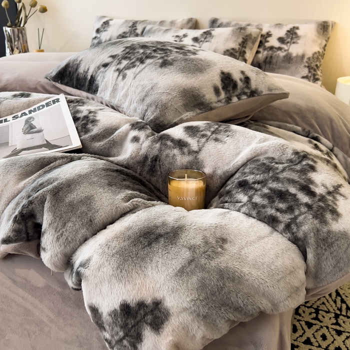 91家纺网 家纺一手货源 找家纺 倾慕家纺 2026新款高克重兔毛绒保暖四件套 疏影灰