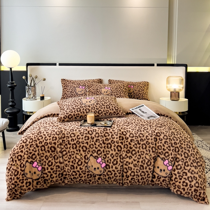 倾慕家纺 2026新款高克重兔毛绒保暖四件套 猫咪豹纹