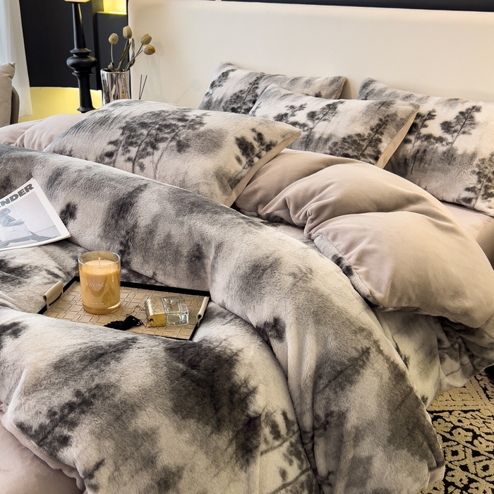 91家纺网 家纺一手货源 找家纺 倾慕家纺 2026新款高克重兔毛绒保暖四件套 疏影灰