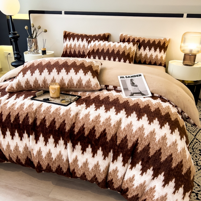 91家纺网 家纺一手货源 找家纺 倾慕家纺 2026新款高克重兔毛绒保暖四件套 泥点曲线咖