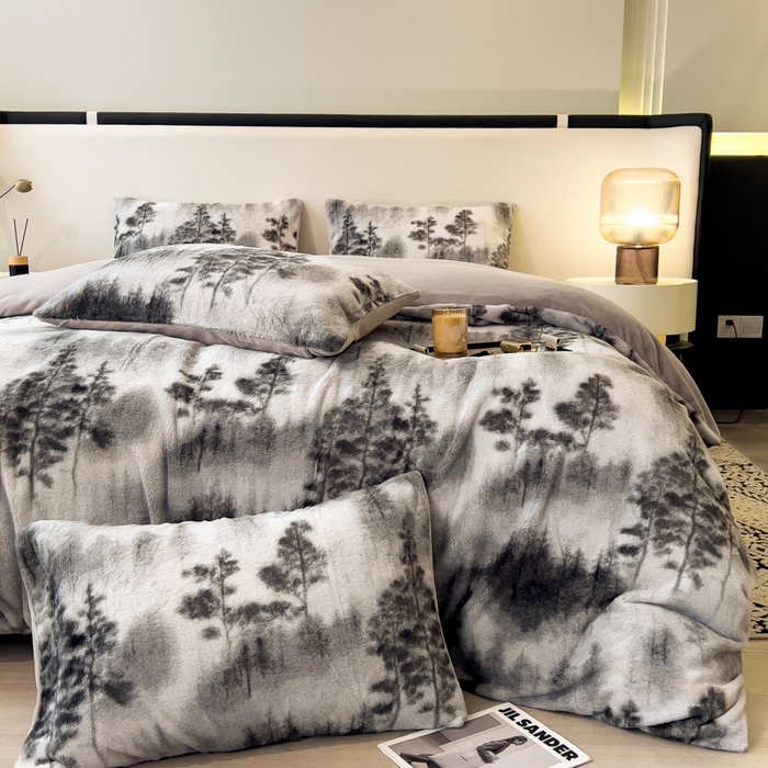 91家纺网 家纺一手货源 找家纺 倾慕家纺 2026新款高克重兔毛绒保暖四件套 疏影灰