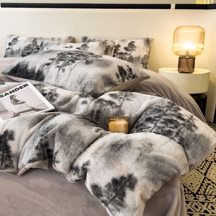 91家纺网 家纺一手货源 找家纺 倾慕家纺 2026新款高克重兔毛绒保暖四件套 疏影灰