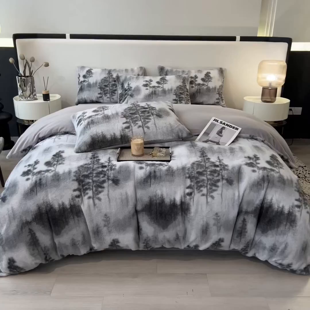 91家纺网 家纺一手货源 找家纺 倾慕家纺 2026新款高克重兔毛绒保暖四件套 疏影灰