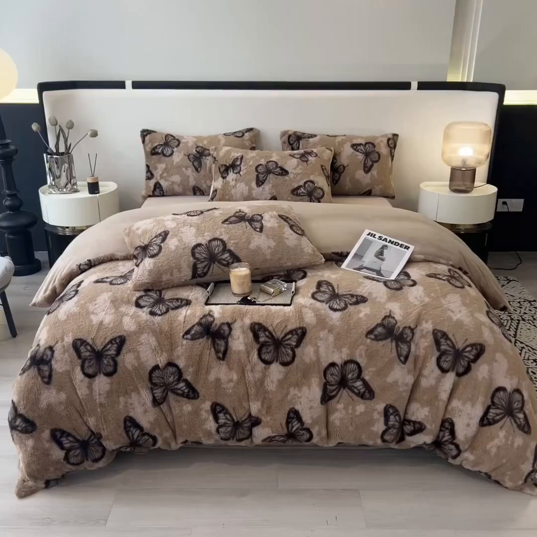 91家纺网 家纺一手货源 找家纺 倾慕家纺 2026新款高克重兔毛绒保暖四件套 蝴蝶纷飞