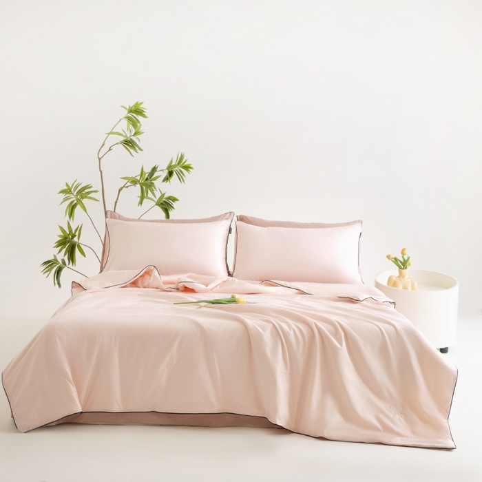 91家纺网 家纺一手货源 找家纺 汣沐生活 2025新款水洗真丝夏被夏被四件套 半熟蜜桃+豆蔻粉