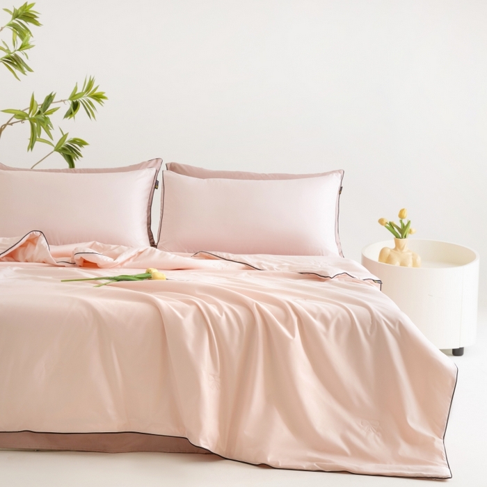 91家纺网 家纺一手货源 找家纺 汣沐生活 2025新款水洗真丝夏被夏被四件套 半熟蜜桃+豆蔻粉