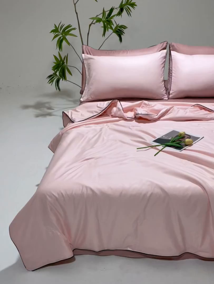 91家纺网 家纺一手货源 找家纺 汣沐生活 2025新款水洗真丝夏被夏被四件套 半熟蜜桃+豆蔻粉