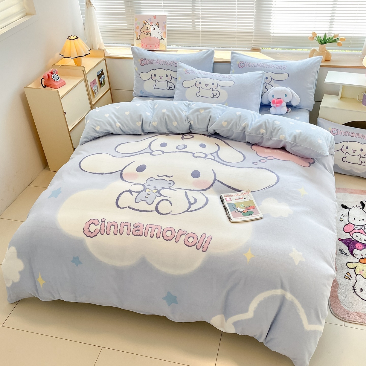 91家纺网 家纺一手货源 找家纺 博雅 2025新款三丽鸥正版授权高克重大版牛奶绒四件套 牛奶绒大版-云朵玉桂狗