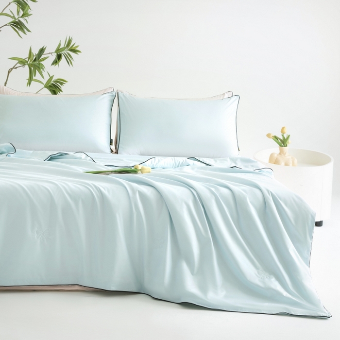 91家纺网 家纺一手货源 找家纺 汣沐生活 2025新款水洗真丝夏被夏被四件套 海盐蓝+半熟蜜桃