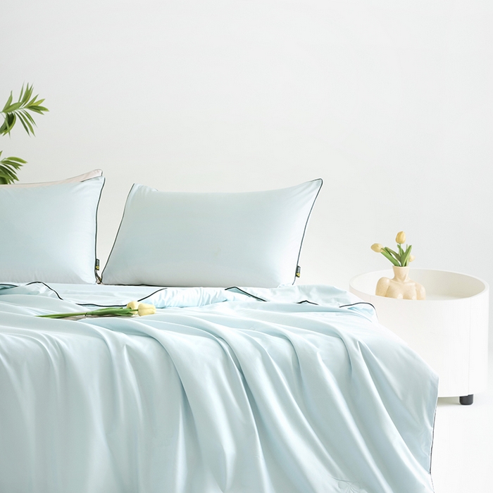 91家纺网 家纺一手货源 找家纺 汣沐生活 2025新款水洗真丝夏被夏被四件套 海盐蓝+半熟蜜桃