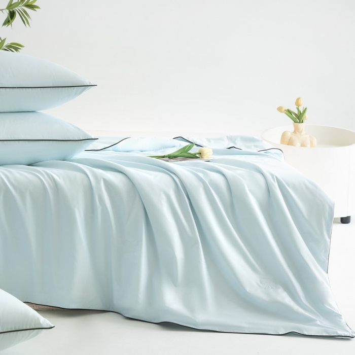 91家纺网 家纺一手货源 找家纺 汣沐生活 2025新款水洗真丝夏被夏被四件套 海盐蓝+半熟蜜桃