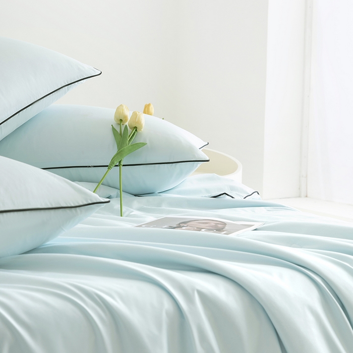 91家纺网 家纺一手货源 找家纺 汣沐生活 2025新款水洗真丝夏被夏被四件套 海盐蓝+半熟蜜桃