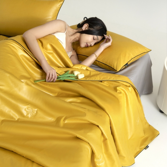 汣沐生活 2025新款水洗真丝夏被夏被四件套 姜黄+石墨灰
