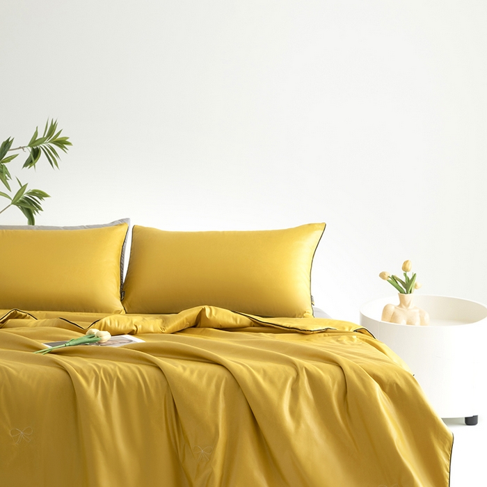 91家纺网 家纺一手货源 找家纺 汣沐生活 2025新款水洗真丝夏被夏被四件套 姜黄+石墨灰