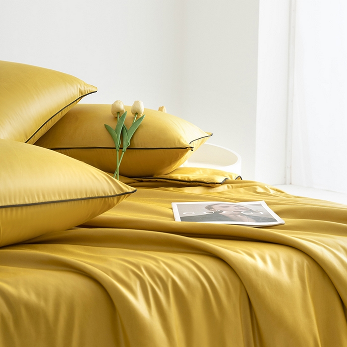 91家纺网 家纺一手货源 找家纺 汣沐生活 2025新款水洗真丝夏被夏被四件套 姜黄+石墨灰