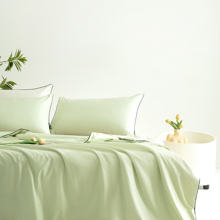 91家纺网 家纺一手货源 找家纺 汣沐生活 2025新款水洗真丝夏被夏被四件套 青草绿+肉桂茶