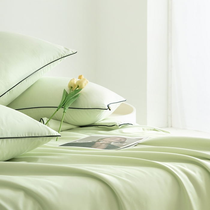 91家纺网 家纺一手货源 找家纺 汣沐生活 2025新款水洗真丝夏被夏被四件套 青草绿+肉桂茶