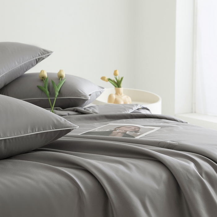 91家纺网 家纺一手货源 找家纺 汣沐生活 2025新款水洗真丝夏被夏被四件套 石墨灰+冰川灰