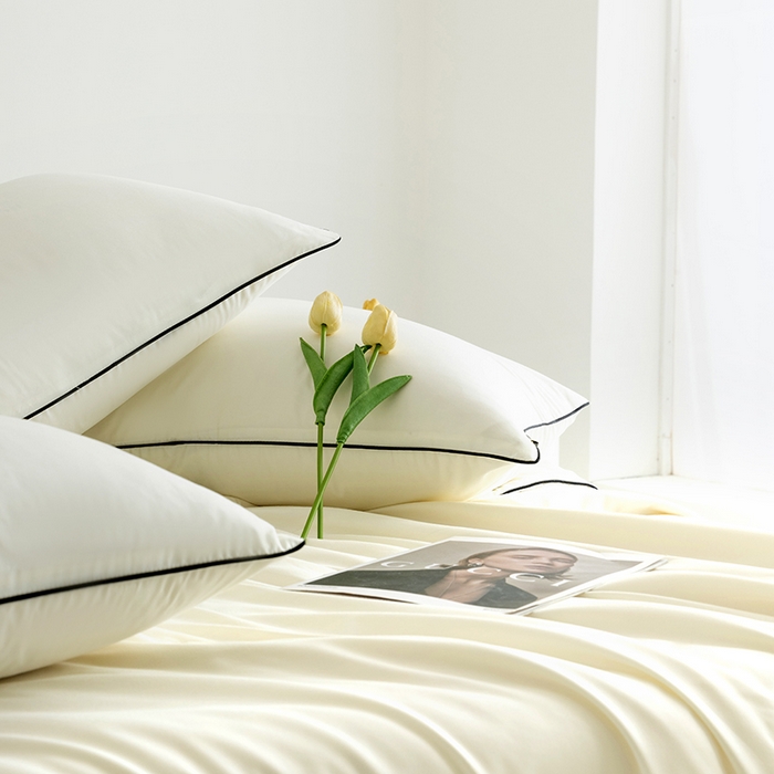 91家纺网 家纺一手货源 找家纺 汣沐生活 2025新款水洗真丝夏被夏被四件套 元气白桃+海盐蓝