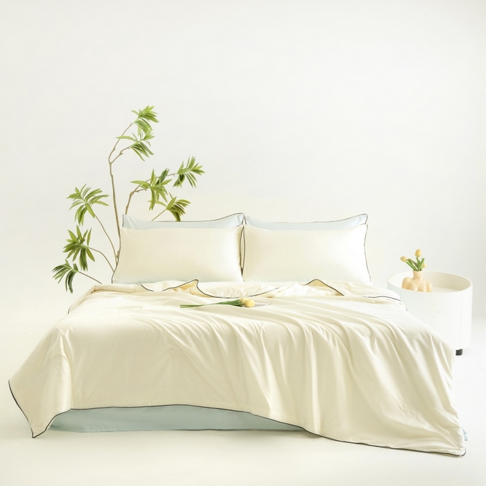 91家纺网 家纺一手货源 找家纺 汣沐生活 2025新款水洗真丝夏被夏被四件套 元气白桃+海盐蓝