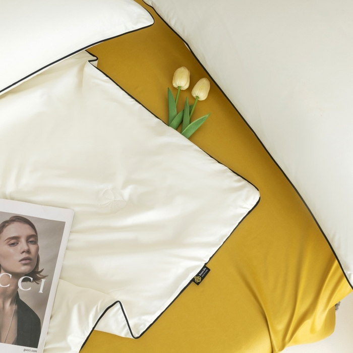 91家纺网 家纺一手货源 找家纺 汣沐生活 2025新款水洗真丝夏被夏被四件套 元气白桃+姜黄