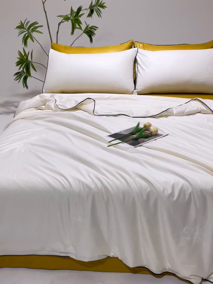 91家纺网 家纺一手货源 找家纺 汣沐生活 2025新款水洗真丝夏被夏被四件套 元气白桃+姜黄