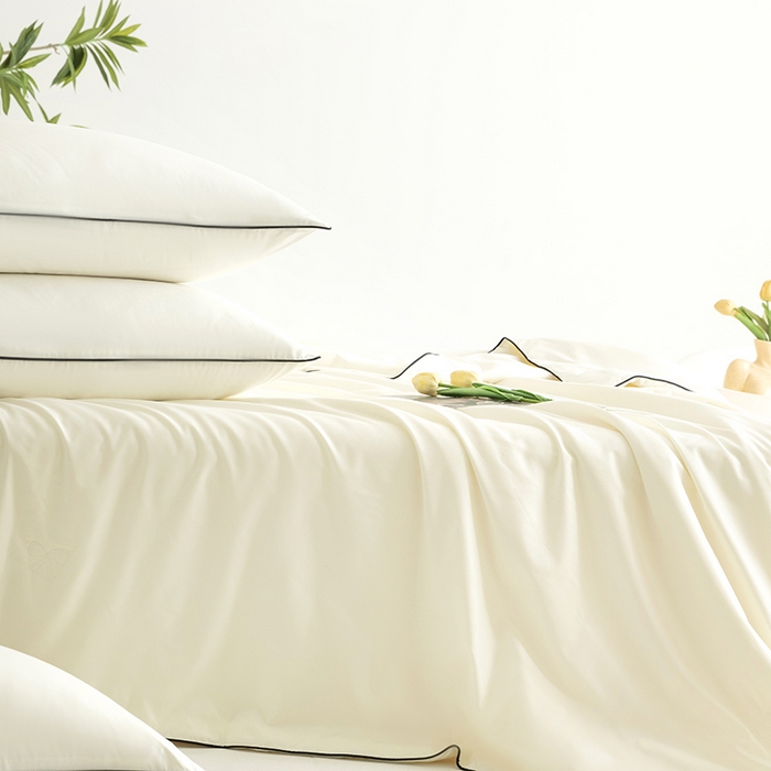 91家纺网 家纺一手货源 找家纺 汣沐生活 2025新款水洗真丝夏被夏被四件套 元气白桃+石墨灰