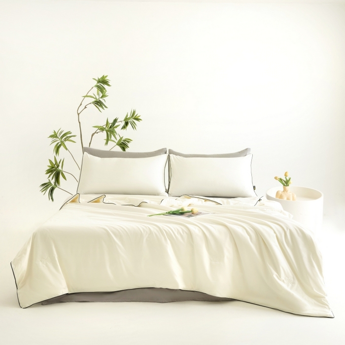 91家纺网 家纺一手货源 找家纺 汣沐生活 2025新款水洗真丝夏被夏被四件套 元气白桃+石墨灰