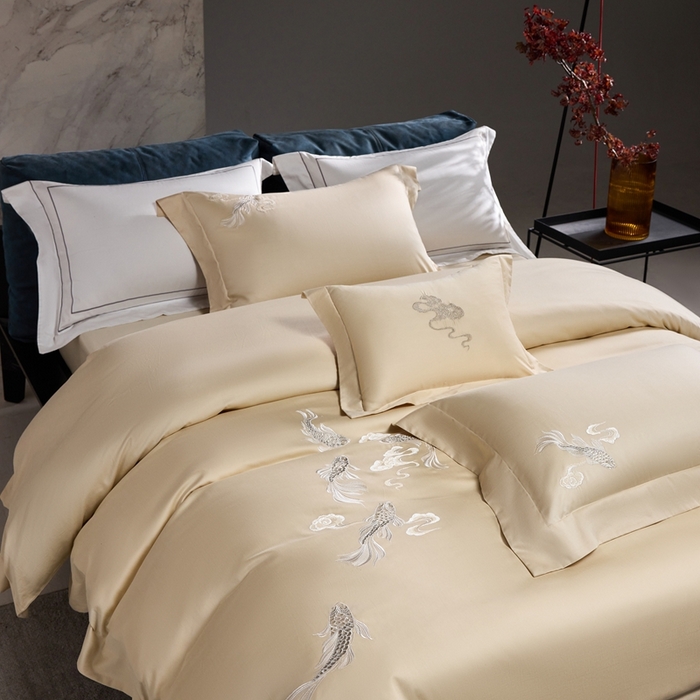 时亿家居 2025新款超细旦天丝棉磨毛四件套-锦鲤系列 锦鲤-浅金