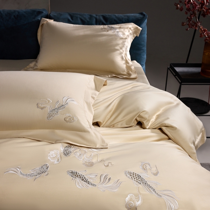 91家纺网 家纺一手货源 找家纺 时亿家居 2025新款超细旦天丝棉磨毛四件套-锦鲤系列 锦鲤-浅金