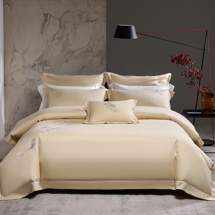 91家纺网 家纺一手货源 找家纺 时亿家居 2025新款超细旦天丝棉磨毛四件套-锦鲤系列 锦鲤-浅金