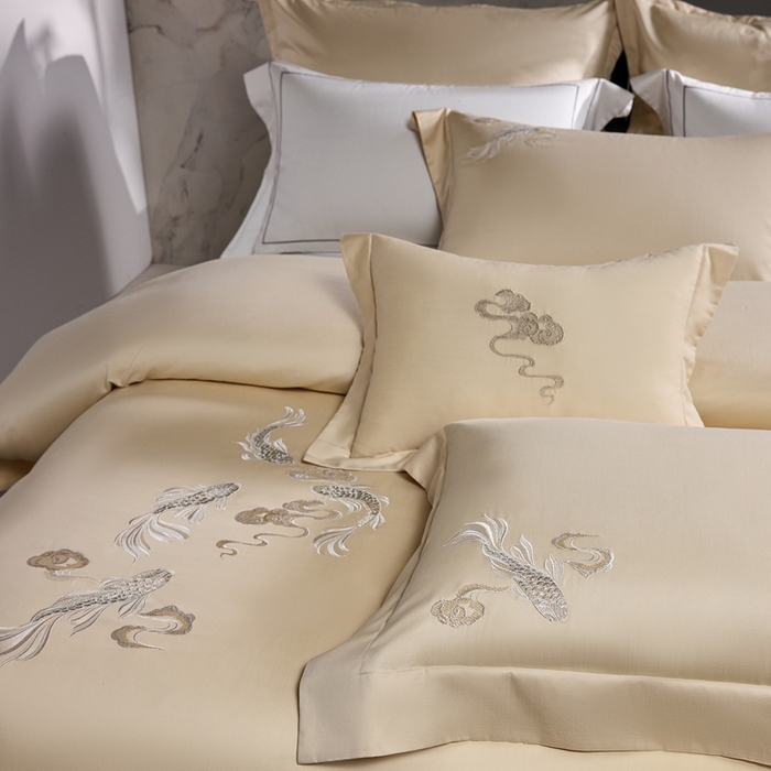 91家纺网 家纺一手货源 找家纺 时亿家居 2025新款超细旦天丝棉磨毛四件套-锦鲤系列 锦鲤-浅金