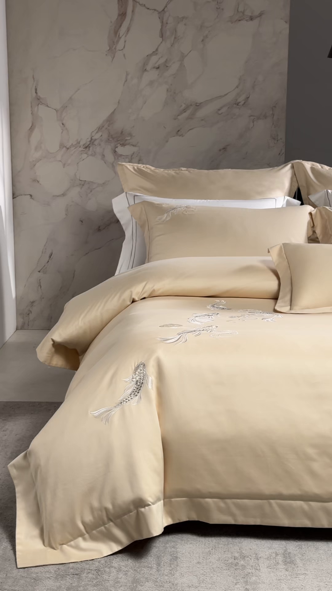 91家纺网 家纺一手货源 找家纺 时亿家居 2025新款超细旦天丝棉磨毛四件套-锦鲤系列 锦鲤-浅金