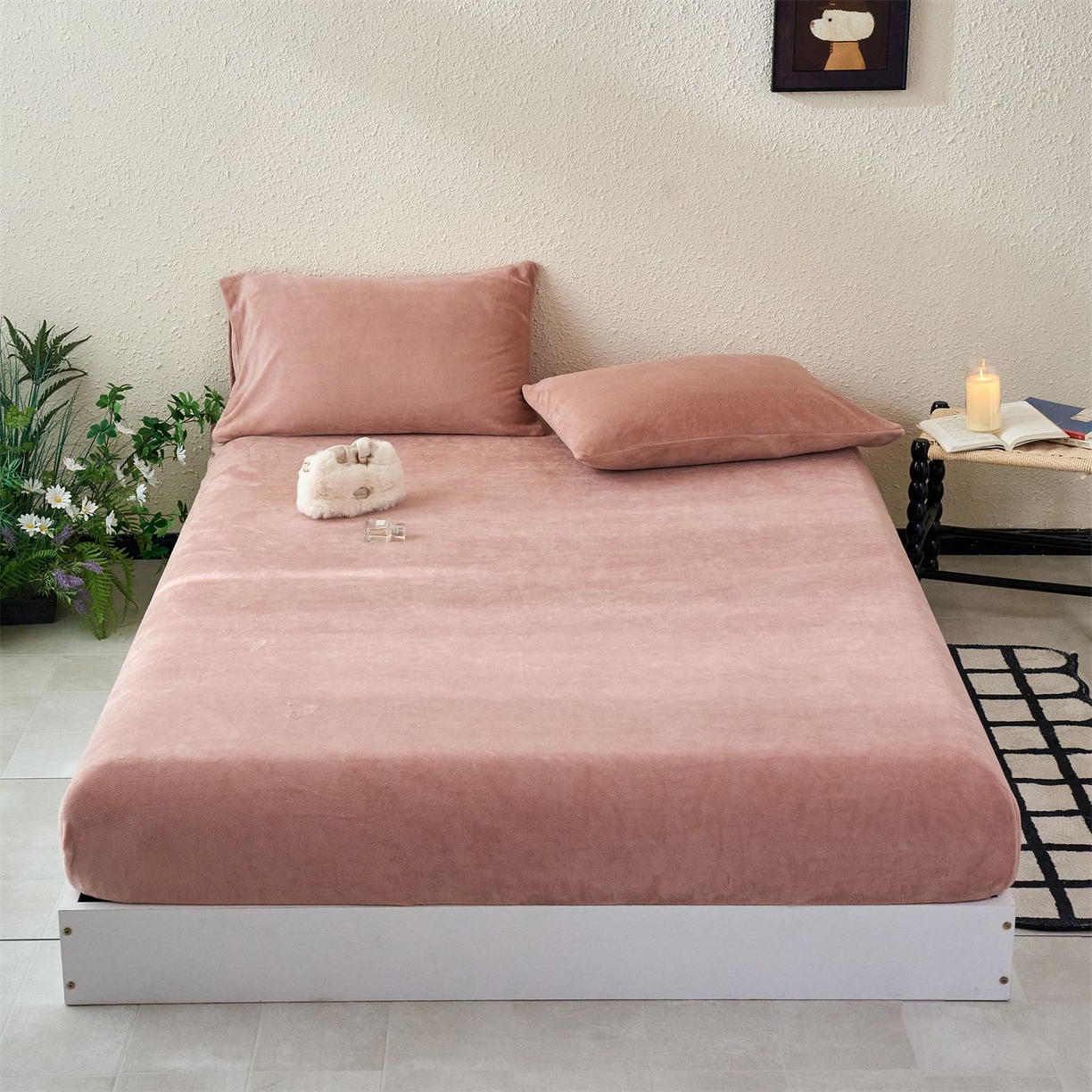 兰紫橙家纺 2025新款简约纯色牛奶绒床笠系列 星柚粉