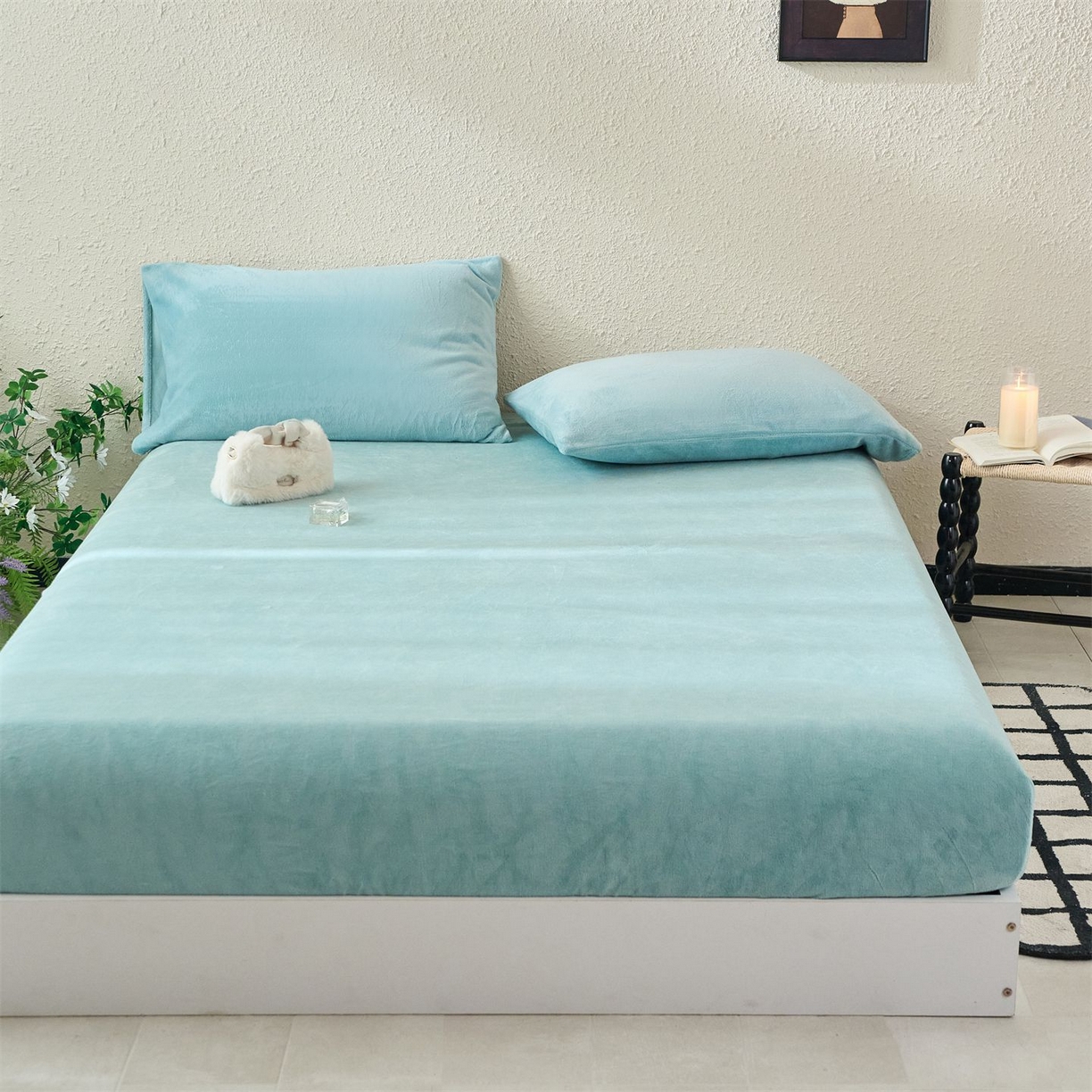 91家纺网 家纺一手货源 找家纺 兰紫橙家纺 2025新款简约纯色牛奶绒床笠系列 浅星蓝