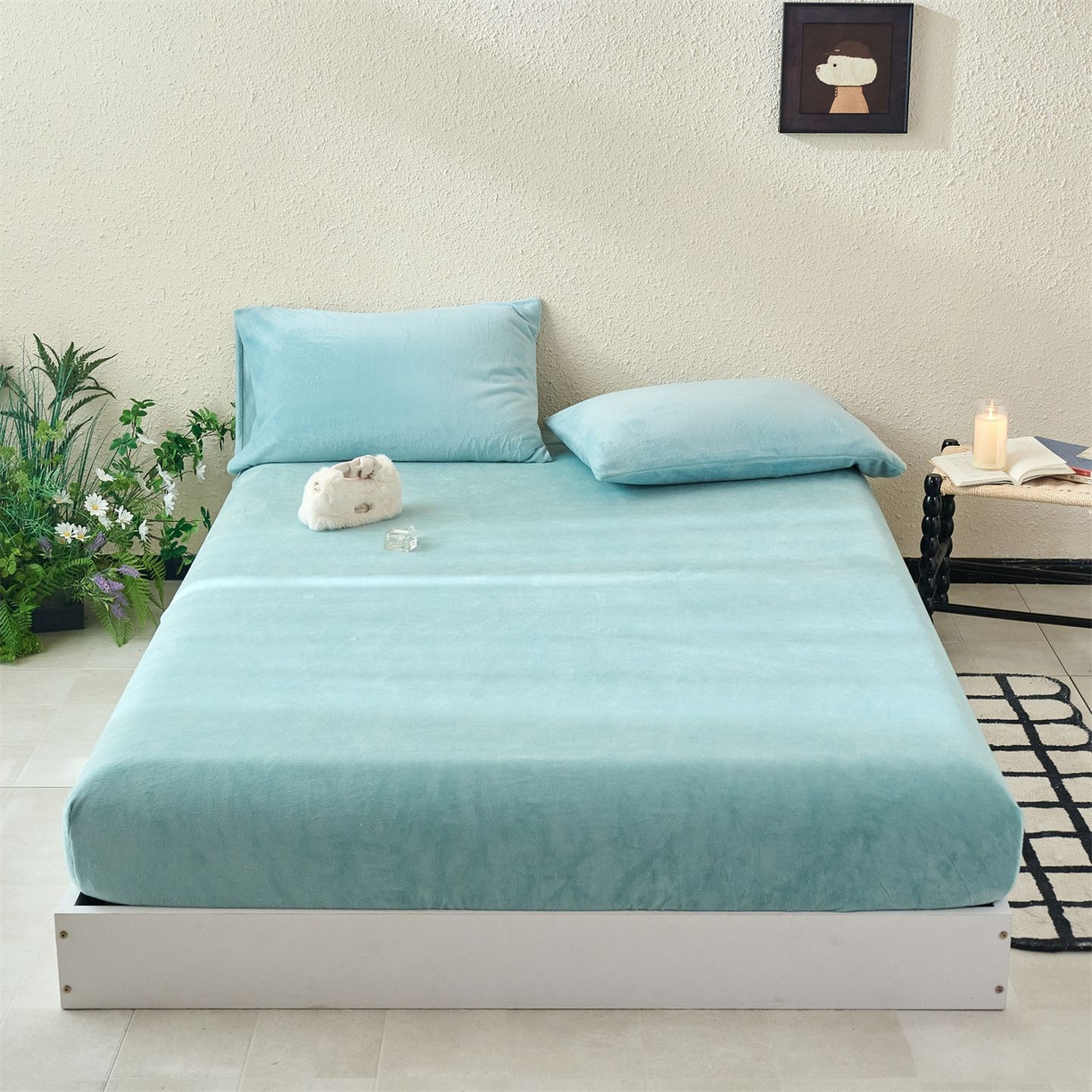 兰紫橙家纺 2025新款简约纯色牛奶绒床笠系列 浅星蓝