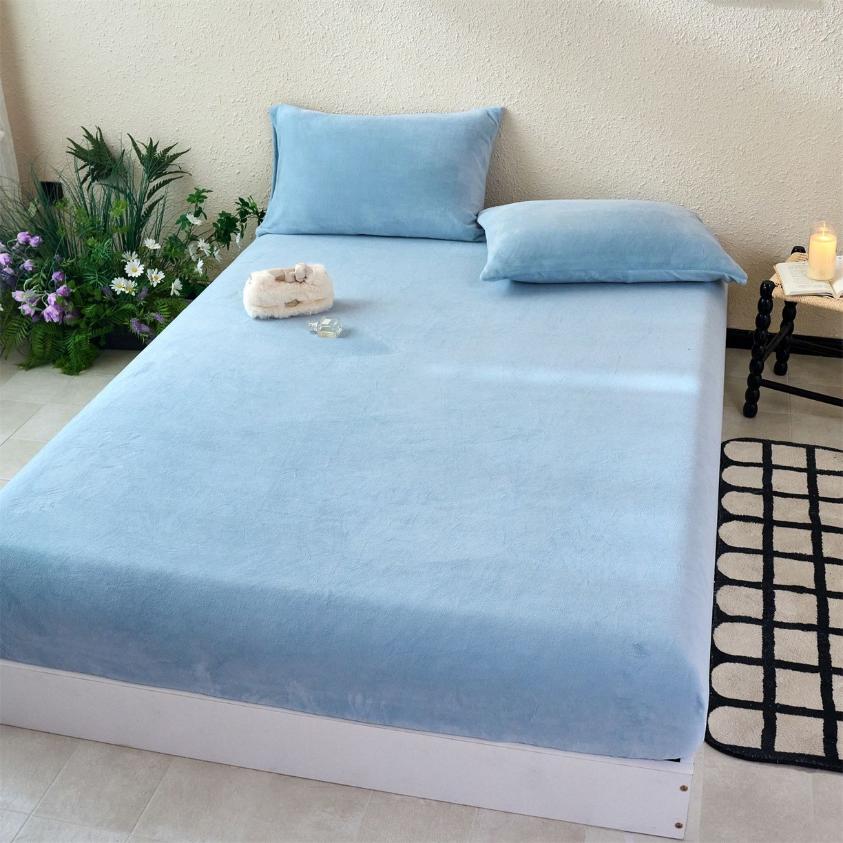 91家纺网 家纺一手货源 找家纺 兰紫橙家纺 2025新款简约纯色牛奶绒床笠系列 天空蓝